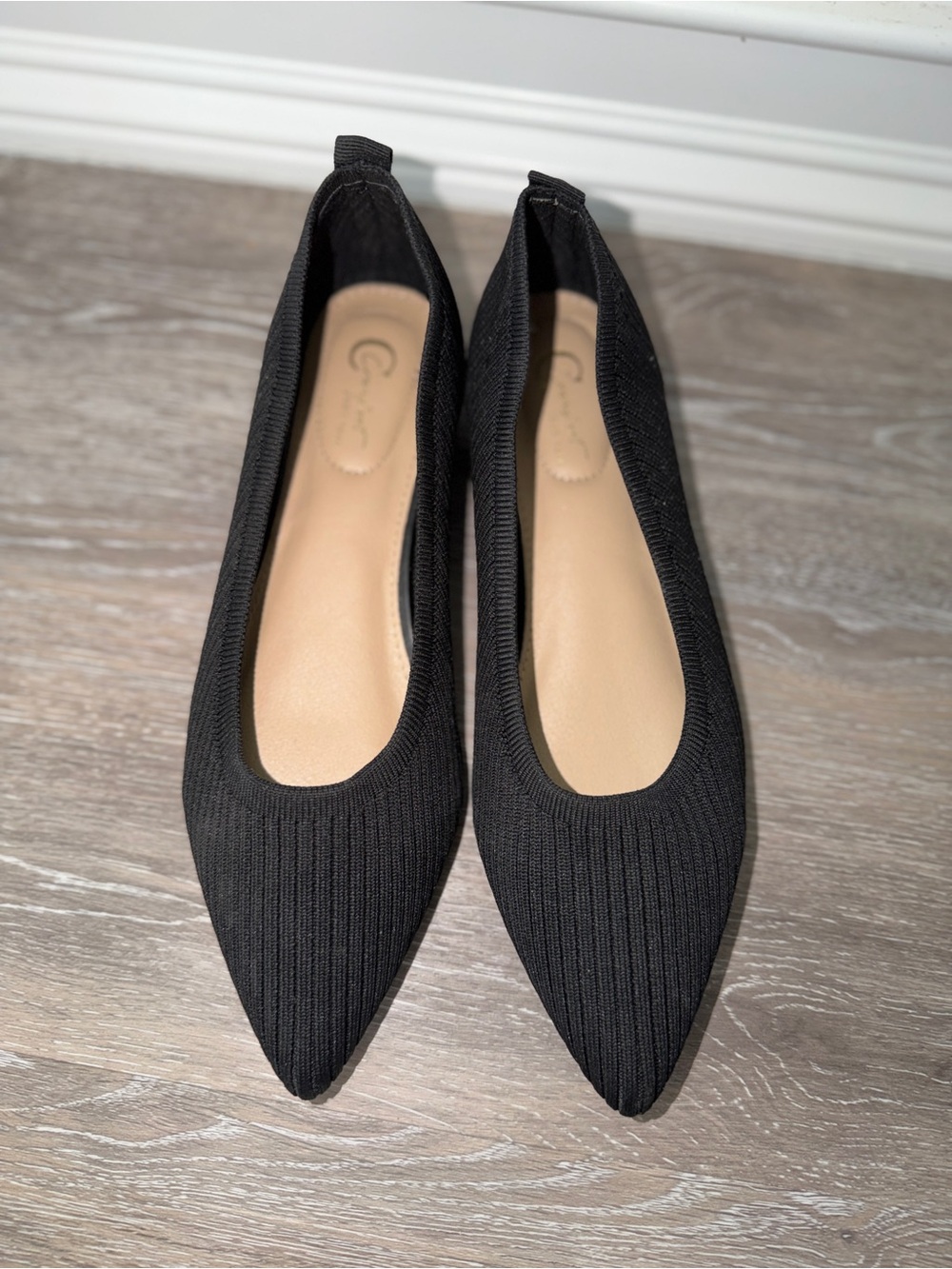 Pointed Knit Ballet Flats - Black